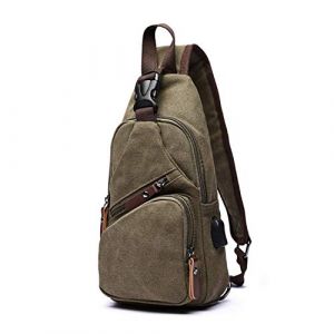 FANDARE Mode Sac de Poitrine Homme Sac de Toile Sacoche pour Homme Sac d'Epaule Sacoche avec USB Sac Bandoulière Sling Bag pour Cyclisme,Aventure,Voyage Vert (FANDARE, neuf)