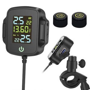 TPMS Système de Surveillance de la Pression des Pneus de Moto,Surveillance de la Température et de la Tension, avec 2 Capteurs Externes Écran LCD numérique, Prend en Charge la sortie USB, Charge Rapid (GUANYING-EU, neuf)