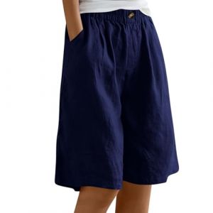 Short en lin pour femme - Longueur genou - Bermuda - Taille &eacute;lastique - Short d'&eacute;t&eacute; baggy droit - Jambe large - Short de plage d&eacute;contract&eacute; avec poches (Ji1QingzhEN, neuf)