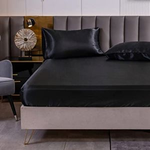 Drap Housse Satin 160x200 cm 2 Personnes avec Grand Bonnet de 30 cm pour Matelas Épais - Drap-Housse Douce en Satin de Soie Polyester Couleur Unie, Noir (Cote d'Anran, neuf)