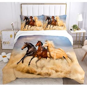 IUNTWEIE Housse de Couette Chevaux 135x200, 3D Chevaux Motif Parure de Lit en Microfibre, Housse de Couette avec Fermeture Éclair avec 2 Taie d'oreiller 50x75 cm（Cheval 1,135x200cm (XIDONG-EU, neuf)
