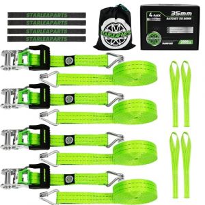StarLeaparts Lot de 4 Sangles de Roue, 35mm x 6m, 2000kg, Sangles d'arrimage pour Transport Voiture, Sangle de Serrage Pneu, Sangle a cliquet Roue, Sangle de s&eacute;curit&eacute; de Roue, Vert (StarLeaparts, neuf)