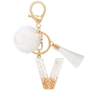 MWOOT Porte Clé Lettre V Peluche Tassel, Initial Résine Personnalisé Keychain Or Blanc, Porte Clef Lettre Pendentif Décoratif, Kawaii Porte Clef Voiture Charm, Idee Cadeau D'Anniversaire pour Femme (vetpw, neuf)