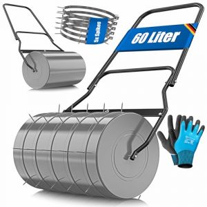 KESSER® Rouleau à gazon en métal à remplir avec de l'eau ou du sable avec un volume de remplissage de 60 litres et 50 cm de large - Rouleau de jardin avec 5 pointes et gants - Rouleau manuel pour (WMK Trading GmbH, neuf)