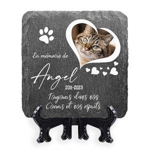 AIGAT Plaque commémorative carrée personnalisée 10 x 10 cm avec nom, Date, Photo et Support pour Animal Domestique, Chat, Chien, Ardoise, Pierre tombale - Photo Coeur (AIGAT, neuf)