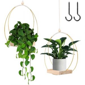 mumisuto 2 Pièces Pot Suspendu Plante Interieur avec Base en Bois, Boho Moderne Suspension Plante Intérieure, Decoration Chambre Aesthetic, pour Plantes de Petite à Moyenne Taille (Or) (Cimophe, neuf)