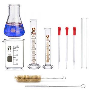 JESSTOLO Flacons Erlenmeyer en Verre 50ml, Flacon Conique, Bécher, Cylindres Graduées 10ml 5ml, 3 Eprouvettes, 2 Brosses de Nettoyage et 2 Agitateurs (nasnou, neuf)