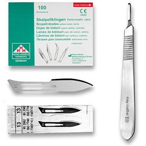 Set avec 100 x lames de scalpel N° 13 - Lame stérile en acier au carbone et 1 x manche de scalpel Figure N° 3 en acier inoxydable (Instruments en acier inoxydable de marque May, neuf)