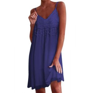 Zeagoo Robe à Bretelles Femme Bohémienne Robe de Plage avec Franges Décolleté en V Bleu Marine L (Zeagoo direct, neuf)