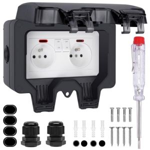 TIMLand Prise Extérieure Etanche IP66, Double Prise Electrique avec Interrupteur Témoin Lumineux Couvercle Anti-poussière Coupe-Vent Prise Murale Etanche pour Jardin Garage Terrasse Sous-sol Maison (ACORRA, neuf)