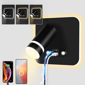 HUIZHOU lampe de lecture murale LED applique tactile 3 température de couleur 12W port de charge USB 350 ° lit pivotant lampe de lecture salon chambre à coucher (Carré noir) (HUIZHOU, neuf)