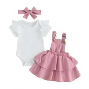 Nouveau-n&eacute; B&eacute;b&eacute; Fille V&ecirc;tements 3Pcs Ensemble Jupe Porte Jarretelles et Haut Combinaison &agrave; Volants Manches Longues + Bandeau Tenue Set Infantile Automne Hiver 0-18M (Rose Volants, 3-6 Months) (BAOLILU, neuf)