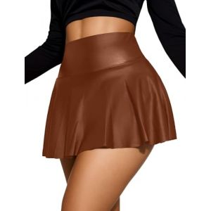Maeau - Mini-Jupe Plissée en PU Femmes Jupe Ultra-Courte Sexy sans Doublure Taille Haute Sortie Discothèque M Marron (YDAEU, neuf)