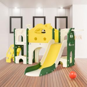 JOROBURO Toboggan pour Enfant 7 en 1 avec Panier de Basket, Aire de Jeux intérieure et extérieure, kit de Jeu d'escalade autoportant (7 en 1 Vert) (ZHANG RONGYUN STORE, neuf)