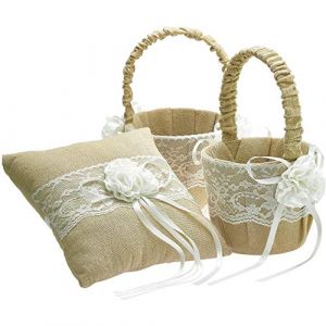 EinsSein Set Jut Flower Mariage | 1x Coussin d’Alliance en Jute 20x20 cm avec Dentelle + 2X Paniers de Fille d’Honneur | Porte-Alliance et Accessoires Déco Champêtre pour Cérémonie (Shopingeneur, neuf)