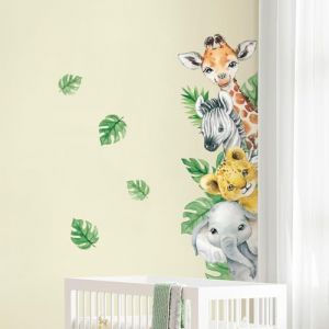 Tanlaby Stickers Muraux Animaux Jungle Autocollants Muraux Animal de Dessin Anim&eacute; Sticker Mural Girafe Z&egrave;bre Feuilles Vertes pour Chambre B&eacute;b&eacute; P&eacute;pini&egrave;re D'enfant D&eacute;cor Murale, Droite (JDD store, neuf)