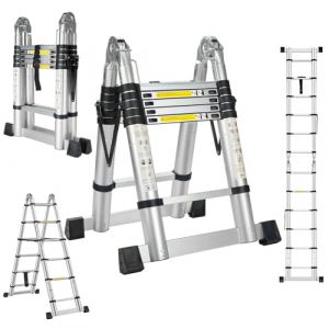 STANEW Échelle télescopique de 3.8 m(1.9+1.9), Echelle Pliante 2 en 1, Escabeau Télescopique en Aluminium, Échelle Pliable avec Travail à l'intérieur et à l'extérieur, Charge 150 kg, Argenté (TRIGGIVETA, neuf)
