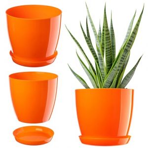 KADAX Élégant Pot de Fleurs, Pot à Plantes avec Soucoupe, Pot de Fleurs Rond, Pot de Fleurs en Plastique, Cache-Pot pour Fleurs, Pot de Fleurs Interieur Ø 18 cm Orange (KADAX, neuf)