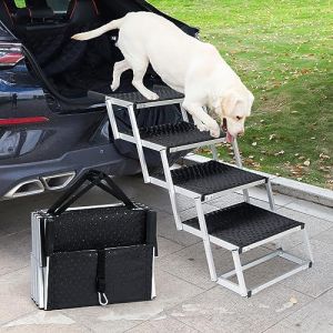 Uross Escalier pour Chien pour Voiture 4 Marches - Rampe d'accès Pliable pour Voiture et SUV, Rampe d'accès en Aluminium pour Grands Chiens, Escalier Télescopique pour Camion, Lit Haut (Uross EU, neuf)