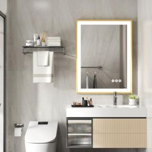 LUVODI Miroir Salle de Bain LED: 80x60cm Miroir Lumineux Interrupteur Tactile 3 Couleurs Miroir Connecté avec Éclairage intégré Miroir d’Or Brossé Mural Antibuée IP56 Mémoire avec Prise Vertical (Luvodi, neuf)