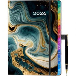 Agenda semainier A5 2026 – de janvier à décembre – Noir, design marbre, onglets mensuels colorés, porte-stylo élastique, 2 marque-pages, boucle stylo, pochette intérieure. (ZT BenYu, neuf)