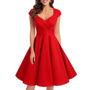 Bbonlinedress Robe de Soiree Femme Chic et Elégant Robe Courte Vintage Rockabily 1950s Robe pour Mariage Fête Cocktail Guinguette Pin up Col Carrée Red L (Bbonlinedress, neuf)