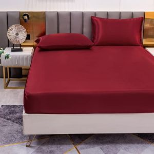 Drap Housse Satin 200x200 cm 2 Personnes avec Grand Bonnet de 30 cm pour Matelas Épais - Drap-Housse Douce en Satin de Soie Polyester Couleur Unie, Rouge Vin (Cote d'Anran, neuf)