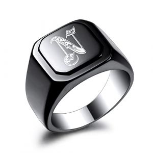 OTXIXTO Bague Initiale Lettre Chevali&egrave;re pour Hommes Femmes Nom Personnalis&eacute; Grav&eacute; Acier Inoxydable Bijoux Fantaisie Mariage Couples F&ecirc;te des P&egrave;res Cadeau avec Ajusteurs de Taille (Noir, Taille 72) (OTXIXTO, neuf)