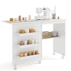 GIANTEX Table de Couture Pliante, Meuble Machine &agrave; Coudre avec 4 &Eacute;tag&egrave;res pour Travaux Manuels, 5 roulettes, Armoire Couture avec Rangement pour Petits Espaces (118,5 x 40 x 79,5 cm, Blanc) (GIANTEX, neuf)