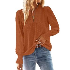 TUUHAW Top Femme Chic et &Eacute;l&eacute;gant Automne Boh&egrave;me Manches Longues &agrave; Volants Dentelle Col en V Tunique &agrave; Point Suisse T-Shirt Chemise Mousseline Hauts Fluide Blouses Loose Orange L (TROFANO, neuf)