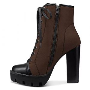 NobleOnly Femmes Haut High Talon Heel Plate-forme Rond Bout Bottines Fermeture &agrave; Glissi&egrave;re Lacets Cavali&egrave;res Bottes Classique Party Bureau 13 CM Heels Marron 40 EU (MARCTEL-EU, neuf)
