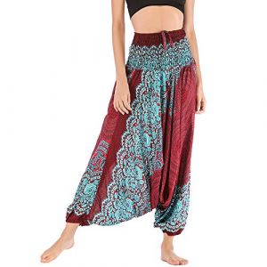 Nuofengkudu Femme Hippie Sarouel Combinaison Pantalon Jumpsuit Taille Haute Large Boheme Fleuri Imprimé Leger Grande Thai Yoga Pants Coloré Ete Plage(Vin Rouge Ethnique,Taille Unique) (better Life, neuf)