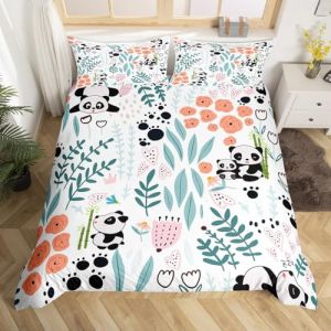 Homewish Parure de Lit Panda 140x200, Housse de Couette Panda de Dessin Animé Kawaii, Ensemble de Literie Mignonne Fleur en Forme de Coeur d'amour, Couvre Lit Animaux À Pattes, 2 Pièces (Suzhou yiyanyun e-commerce Co., Ltd, neuf)