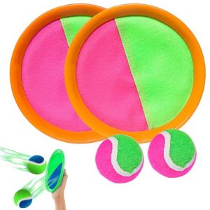 FiveMileBro Jeu de Balle à Scratch avec 2 Raquettes & 2 Balles, Balle Raquette Scratch Adhésive pour Enfants & Adultes, Jouet Extérieur pour Plage, Jardin, Piscine (Orange) (Pray for drizzle, neuf)