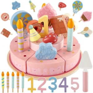 LINFUN KIDS Bois Jouet de Découpe Gâteau d'anniversaire Deux Etages, Dinette Cuisine Enfant Nourriture à Couper Jeu de Simulation Cadeaux pour Bébé 3 4 5 Ans (MYFUN TOYS, neuf)