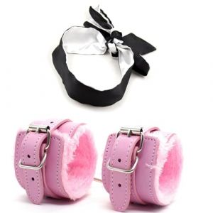 Menottes en duvet Satin Eye Mask Blindfold Kit - Fluffy Hand Cuff Set - Black Blindfold Satin Eye Mask - Adjustable Handcuffs Fluffy Bracelet - Eye Satin Mask (Rose) (LUOHHQIN, neuf)
