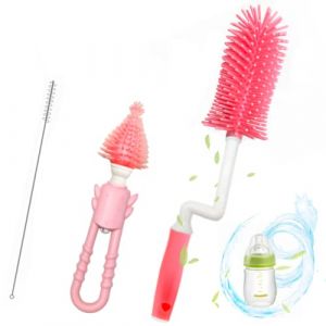 Goupillon Biberon 3pcs Nettoyage Silicone Biberon Brosse Tétine Nettoyage Brosse Rotatif - Anti-Rayures/Seche Vite (Rose) (Tming-Ecommerce, neuf)