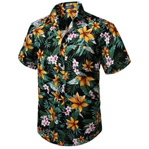 HISDERN Hommes Funky Hawaïenne Floral Chemises A Manches Courtes Poche Avant Vacances Ete Aloha Imprime Plage Casual Noir Orange Hawaii Fleur Chemise,S,Multicolore-Noir & Orange (hisdern, neuf)