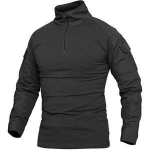 Czen Chemises Militaires Tactiques pour Hommes Chemise à Manches Longues Camo Chemise à Manches Longues à Fermeture éclair 1/4 Chemise de randonnée de l'armée en Plein air, B-noir, XL (Higold, neuf)