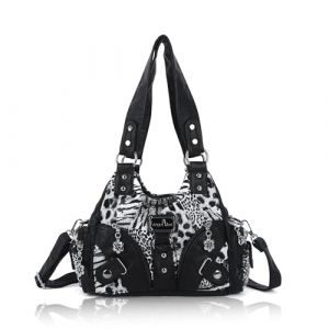 Angel Kiss Petit sac &agrave; bandouli&egrave;re pour femme en cuir v&eacute;g&eacute;talien avec plusieurs poches et fermeture &eacute;clair, L&eacute;opard noir (K-EYRE  Bag, neuf)