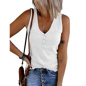 Tuopuda Débardeur Femme Haut Chic col en V Débardeurs Décontracté T-Shirts sans Manche Chemises Boutonné en Tricot Côtelé Gilet Sexy Printemps Eté Tunique Crop Tops, Blanc, S (GHF-Direct, neuf)