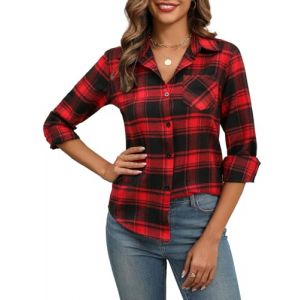 Zeagoo Chemise Femme a Carreaux Manche Longue Chemisier Col en V Chemisiers Chic et &eacute;l&eacute;gant Blouse Shirt Tunique D&eacute;contract&eacute; Bouton Down Haut Chaude Hiver Automne Rouge Noir XL (Zeagoo direct, neuf)