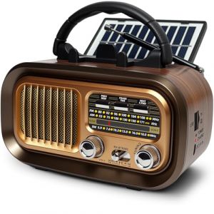 Poste Radio Portable, AM/FM/SW Radio a Pile, Rétro Radio Vintage Alimentée par des Piles Rechargeables ou D-Cell de 1200mAh avec Panneau Solaire/USB/TF (MuyeStore, neuf)