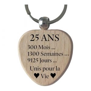 Porte-Cl&eacute;s C&oelig;ur en Bois Grav&eacute; et Personnalis&eacute; &ndash; Cadeau 25 Ans de Mariage Anniversaire de Mariage Noces d'Argent Porte Clef Unique pour Cadeau 25 Ans de Couple (bomoski, neuf)
