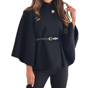 G&eacute;n&eacute;rique Cape d'hiver &eacute;l&eacute;gante pour Femme avec Manches Chauve-Souris et Ceinture Manteau Court en Laine Couleur Unie Col Roul&eacute; avec Boutonni&egrave;re Ample Mode Loisirs Chaude Tunique (IHUAE, neuf)