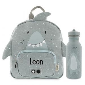 upstitch studio Trixie Sac à dos et gourde pour enfants, sac à dos de maternelle, sac à dos de kitard/gourde, personnalisable avec nom individuel ou en kit, Motif requin, Set: Rucksack SMALL + Flasche (upstitch studio, neuf)