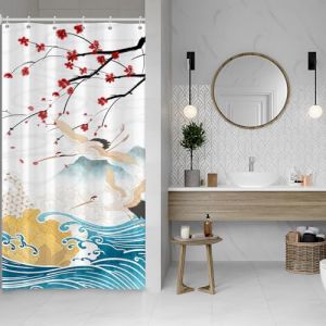 SDOTPMT 90x180cm Rideau de Douche Japonais océan Mont Fuji Rouge Soleil Sakura Grue Blanche Asie Japon Traditionnel Ukiyo - e Art avec Crochet Rideau de Douche (SDOTPMT, neuf)