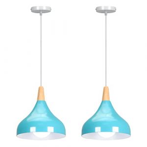 WOTTES Suspension Luminaire Intérieur Moderne Suspensions Éclairage E27 Lumières Lustre Abat-jour Métal+Bois Lampe Suspendue Luminaires Intérieure pour Cuisine Chambre Salon (Bleu 2Pcs) (Hongho, neuf)
