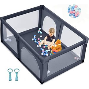 GOPLUS Parc Bebe 120x190cm, Grand Parc Bébé xxl avec 50 Boules Marines, 2 Anneaux, 4 Ventouses en Caoutchouc, Centre d'Activités Enfant pour Intérieur et Extérieur (Gris Foncé) (Augenstern24, neuf)