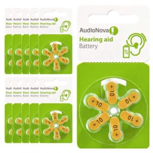 AudioNova - Piles auditives Taille 10 (PR70)| sans Mercure - Zinc Air - 1.45V | Lot de 60 Piles auditives Audionova 10 Plaquettes pour Appareil Auditif - Aide Auditive - Code Couleur Jaune (audilo, neuf)